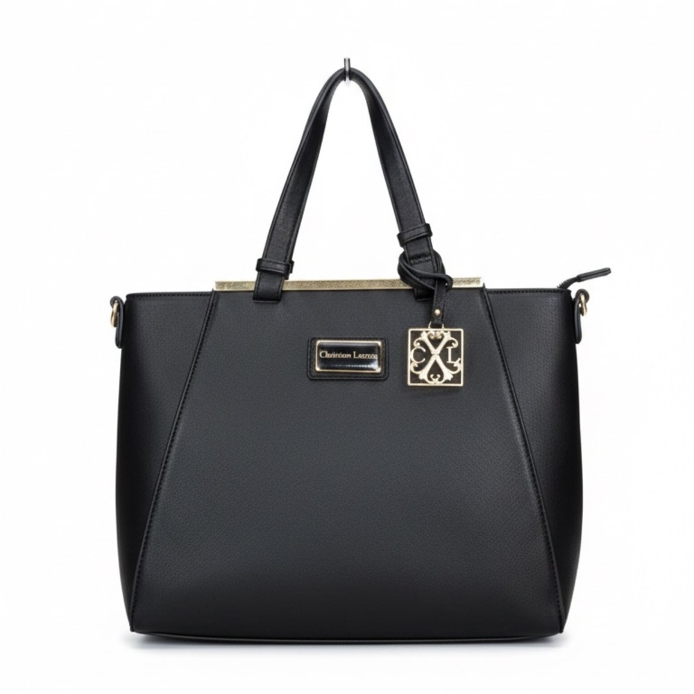 Christian Lacroix Black Faux Leather Tote Bag Gold Accents Royal Blue Interior